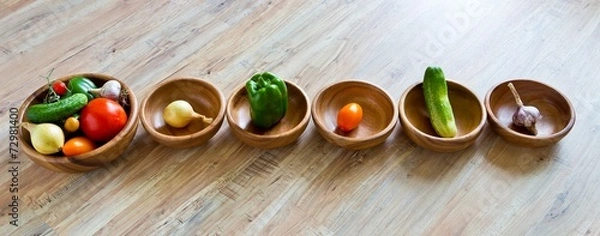 Fototapeta Fresh vegetables in wooden bowls row. Panoramic image