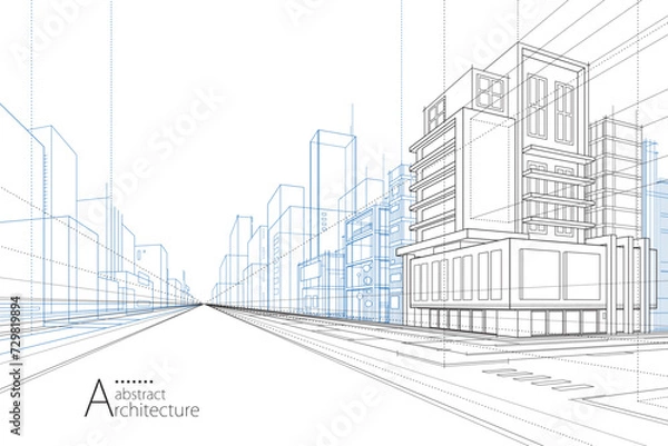 Fototapeta 3D ilustracja Streszczenie Nowoczesne budynek miejski odbierał rysunek wyobraźni architektury budowlany projekt perspektywiczny.