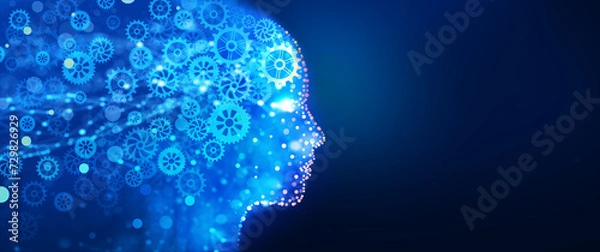 Fototapeta Human head with a luminous cog wheel. Creative brain gear, idea, intelligence, imagination, and inspiration. Analysis information, Cyber mind, Business strategy and intellectual property Concept.