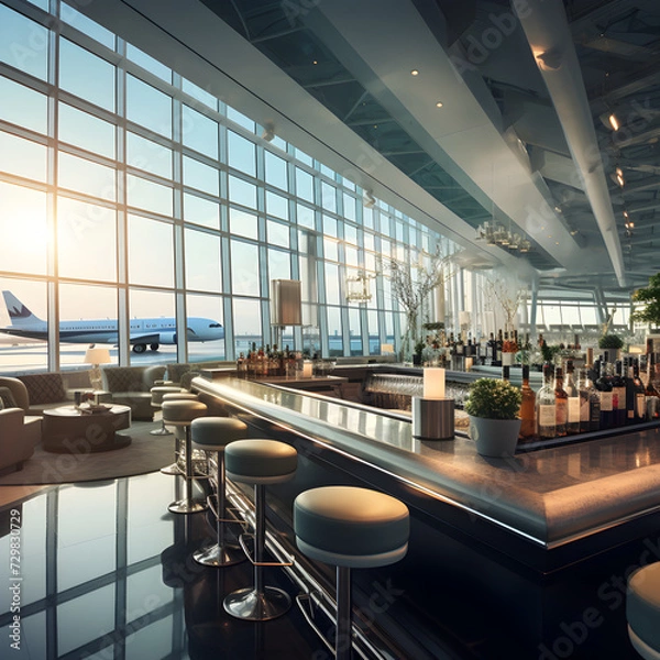 Fototapeta Airport bar with panoramic windows 