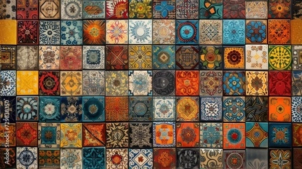 Fototapeta  a bunch of different colored tiles that are on the side of a wall with a pattern of different colors and shapes on the side of each of each of the tiles.