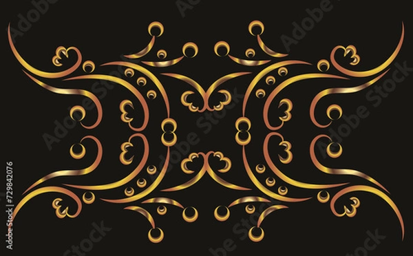 Fototapeta Fantasy illustration with swirls. Symmetrical ornament, applique, backgroundGold gradient on a black background for printing on fabric, applique and cards.