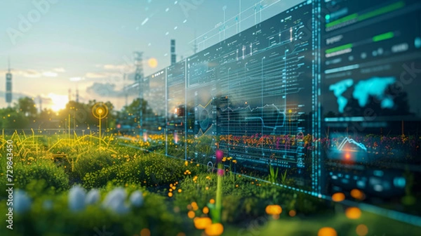 Fototapeta Industrial Plant with Digital Interface Analytics in Lush Field 