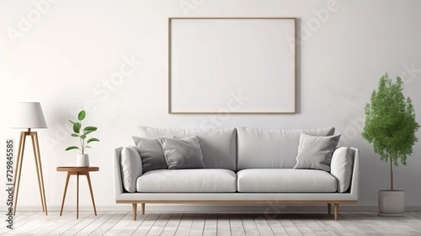 Fototapeta Modern living room with grey sofa and white wall featuring a blank poster frame for your design