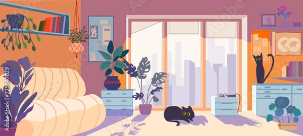 Fototapeta Cozy interior with pets and white sofa. Black cats play in a bright room on a wooden floor. Shelves with books and indoor plants. Vector illustration