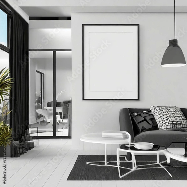 Fototapeta Frame mockup, ISO A paper size. Living room wall poster mockup. Interior mockup with house background. Modern interior design. 3D render