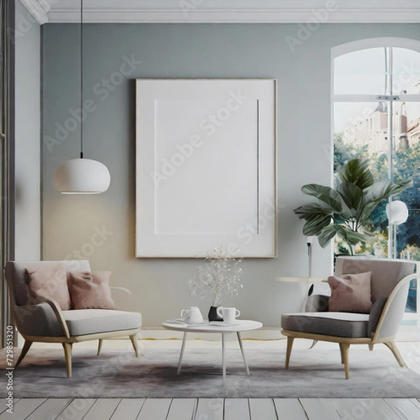 Fototapeta Frame mockup, ISO A paper size. Living room wall poster mockup. Interior mockup with house background. Modern interior design. 3D render