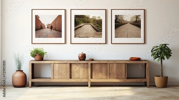 Fototapeta Rustic wooden sideboard with clay vases and poster frames on white wall. Modern farmhouse living room interior.