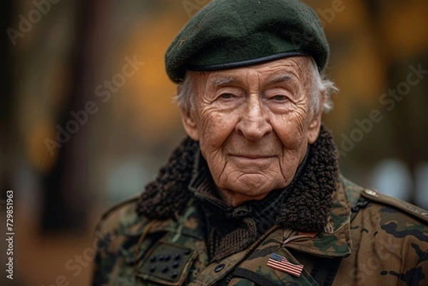 Fototapeta Veteran's Day Celebration A WWII Veteran in Camouflage Cap and Jacket Generative AI
