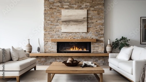 Fototapeta Cozy and elegant living room with white corner sofa and fireplace in Scandinavian style