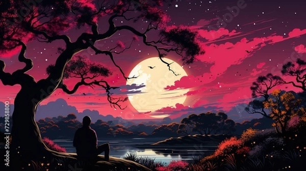 Fototapeta A man is sitting under a tree by the lake against the background of a full moon