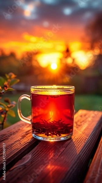 Fototapeta Sunset Serenade A Glass of Tea on a Wooden Table Generative AI