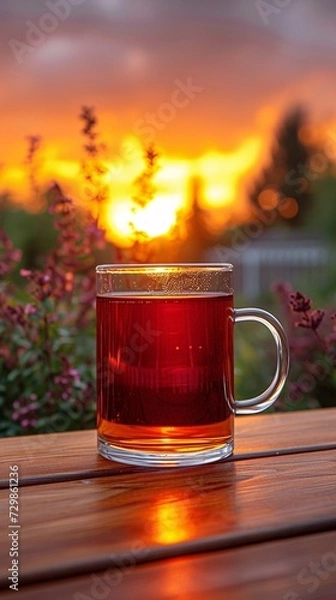 Fototapeta Sip of Sunset A Glass of Red Tea on a Wooden Table Generative AI