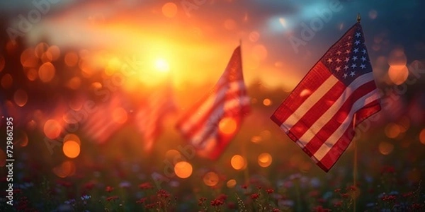 Fototapeta Red, White, and Blurry A Sunset of American Flags Generative AI