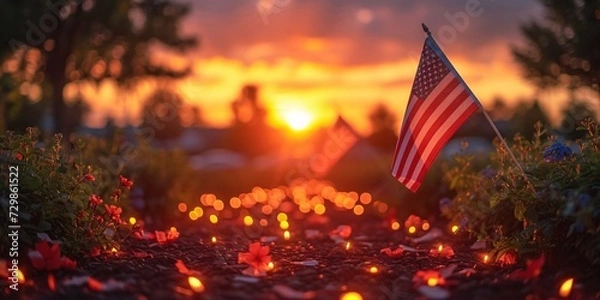 Fototapeta Glowing Leaves and Flags A Spectacular Sunset Display Generative AI