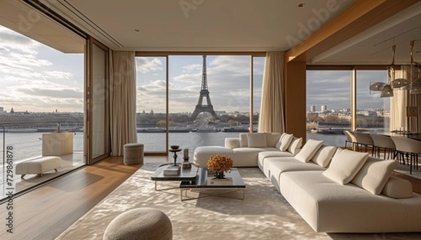 Fototapeta Eiffel Tower View from Modern Living Room Generative AI