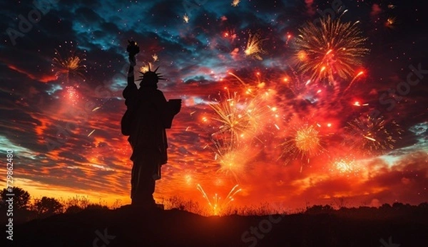 Fototapeta Celebrate the New Year with a BANG!, Ring in the New Year with a Statue of Liberty Fireworks Show, Liberty Enlightening the World with Fireworks, Generative AI