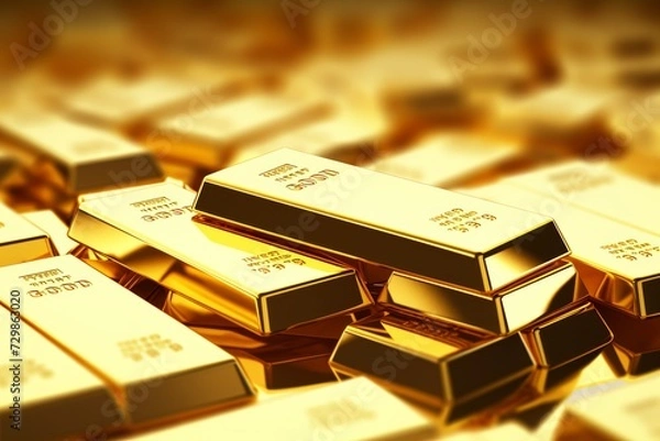 Fototapeta Ai generated ofGold bars Gold ingot, bullion gold, bank vault, stacked image. close up many pure gold bar ingot put on the black color with bokeh surface. many pile of gold bars in golden background.