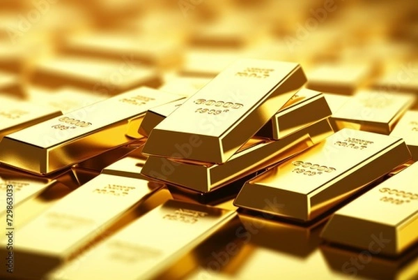 Fototapeta Ai generated ofGold bars Gold ingot, bullion gold, bank vault, stacked image. close up many pure gold bar ingot put on the black color with bokeh surface. many pile of gold bars in golden background.