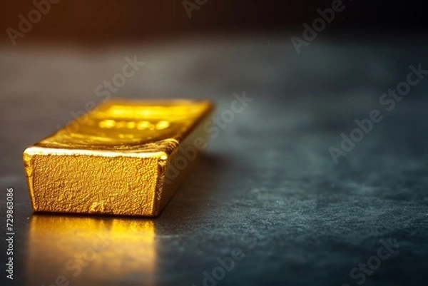 Fototapeta Ai generated ofGold bars Gold ingot, bullion gold, bank vault, stacked image. close up many pure gold bar ingot put on the black color with bokeh surface. many pile of gold bars in golden background.