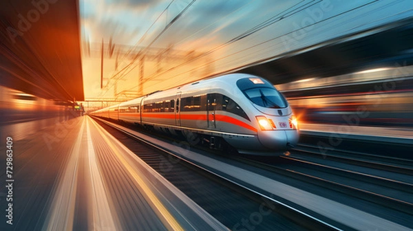 Fototapeta High speed train in motion on the railway station at sunset. Fast moving modern passenger train on railway platform. Commercial transportation.