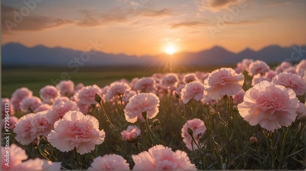 Obraz Beautiful field of pink carnation flowers in sunset