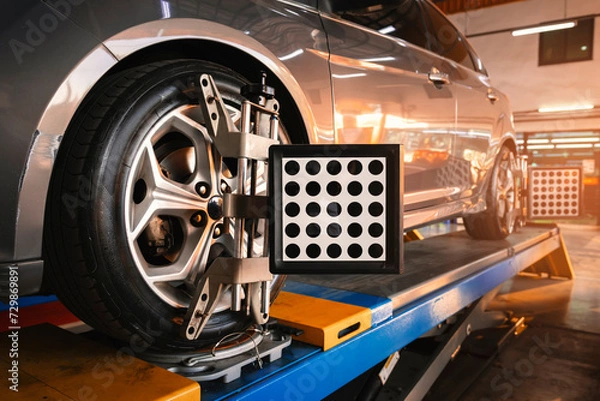 Fototapeta Trwa wyrównanie kół samochodowych. Auto Camber TOE CHCEPTING. Czujnik podczas regulacji zawieszenia i wyrównania kół samochodowych na stacji serwisowej naprawy