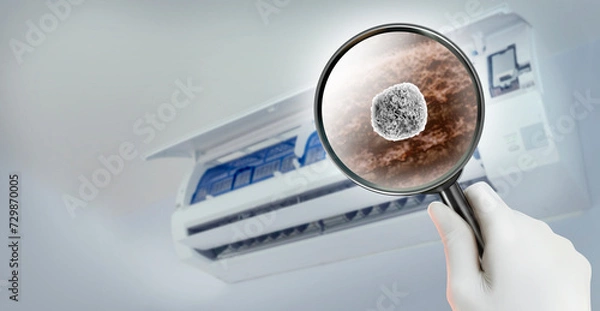 Fototapeta Look through the magnifying glass to the Particle of dust and dirt inside of an air conditioner. PM2.5 pollution in living room. Poor air quality causes respiratory diseases.