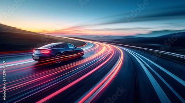 Fototapeta a modern electric car speeding along a highway at dusk, captured with motion blur to convey a sense of swift, silent power inherent to electric vehicles