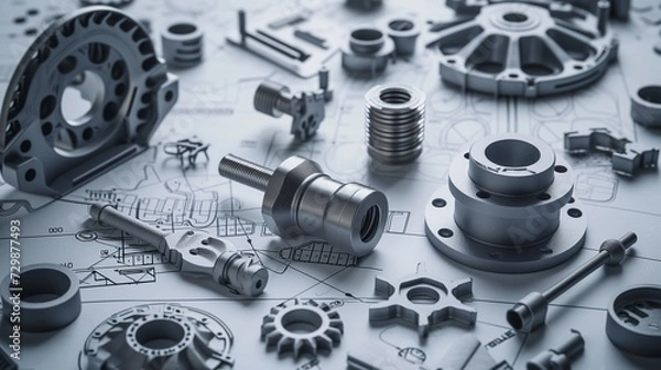 Fototapeta Array of mechanical parts and components precisely arranged on engineering drawings, highlighting the detail and precision involved in mechanical design and manufacturing.
