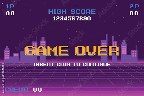 Obraz GAME OVER INSERT A COIN TO CONTINUE .pixel art .8 bit game. retro game. for game assets in vector illustrations.	