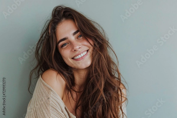 Fototapeta woman smiling for a camera on a gray background, in the style of light azure, softly organic, light sky-blue and dark brown, serene faces, wavy, drugcore