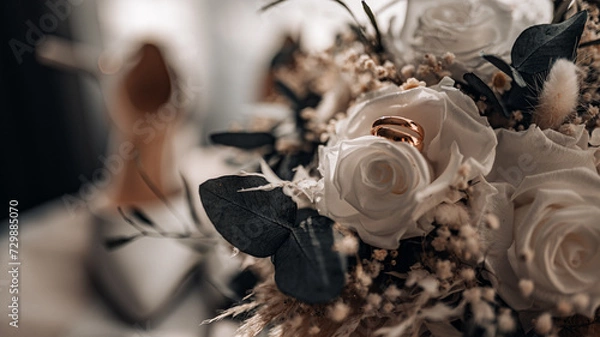 Obraz Beautiful rustic boho wedding bouquet and rings close up.
