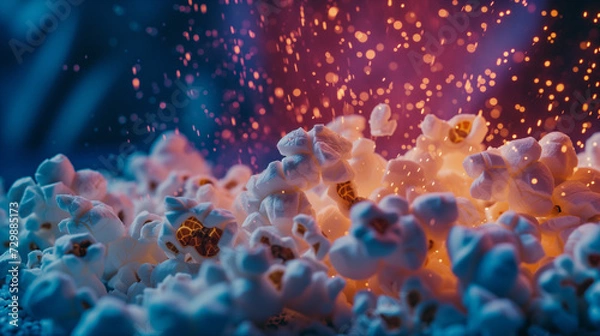 Fototapeta Leckeres Popcorn springt in leicht rotem Licht mit Glitzer