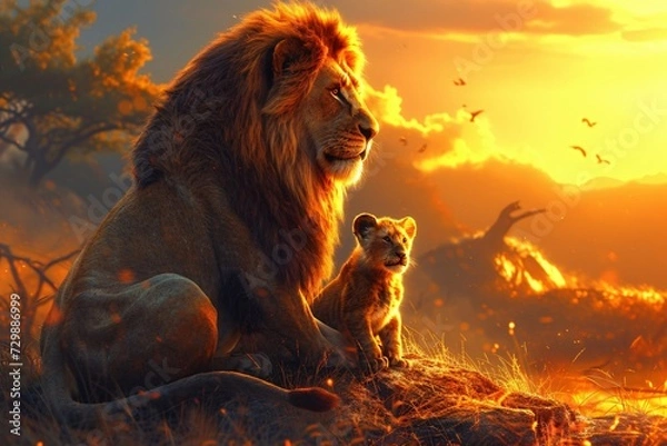 Fototapeta A lion and a baby lion sitting together in a sunset scene