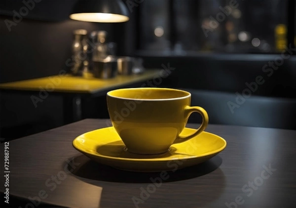 Obraz Yellow bright cup and saucer on wooden round table in cafe contrast raster image