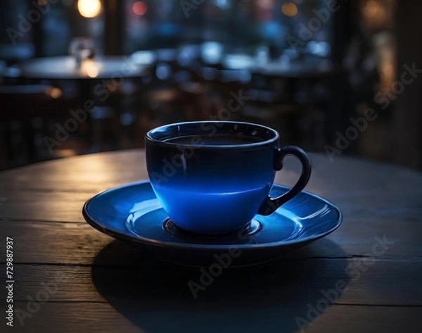 Obraz Blue beautiful bright cup and saucer on wooden round table in cafe contrast raster image
