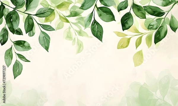 Fototapeta Green leaves snd flower watercolor background invitation template