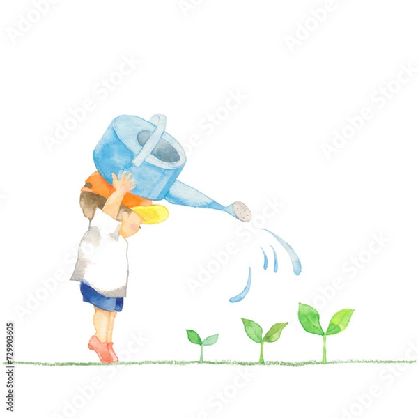 Obraz 新芽に水をかける男の子、ジョウロから出る水