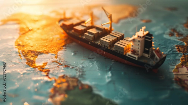 Obraz Container ship model on world map , transcontinental transportation or globalization concept image with copy space