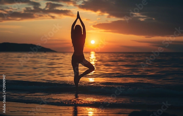 Obraz 夕暮れの太陽に向かってヨガをする女性