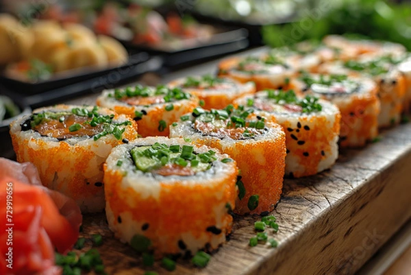 Fototapeta Vegan rolls with vegetables on a cutting board