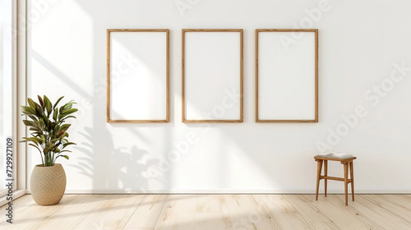 Fototapeta Simple elegant product mockup for a set of 3 identical wood framed art prints. Mid-century modern wood frame on a white wall