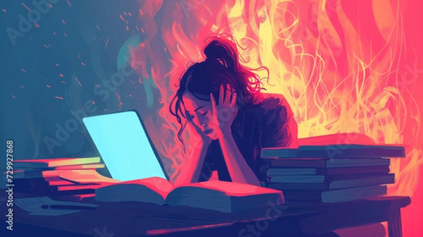 Fototapeta Tired woman at her laptop is on fire from burnout at work. Overworked and Overtime, Workload concept. Creative crisis.