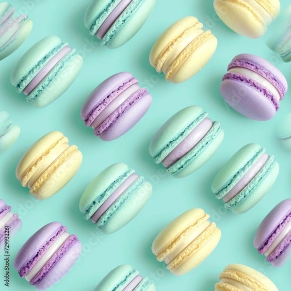 Fototapeta Macarons Sweet French Dessert flying, pastel mint background pattern. Creative minimal concept. Delicious macarons falling levitation layout