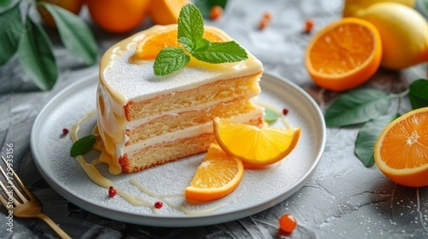 Obraz Homemade Tasty lemon cream cake zest A piece of biscuit dessert with powdered sugar glaze dripping over lemon and coconut flakes. Layered vanilla cake on a white plate.