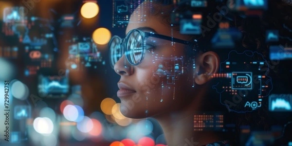 Fototapeta woman look up portrait in vr glasses hologram, glowing virtual headset with connection, earth sphere and lines.
