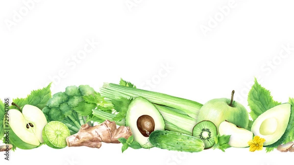 Fototapeta Horizontal seamless banner, border with green fruits and vegetables. Hand drawn watercolor food illustration isolated on white background. For clip art cards menu label package
