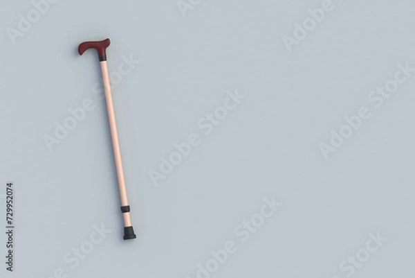 Fototapeta Walking stick. Assistance equipment. Elegant accessory. Aristocratic style. Cane for additional support. Copy space. Top view. 3d render