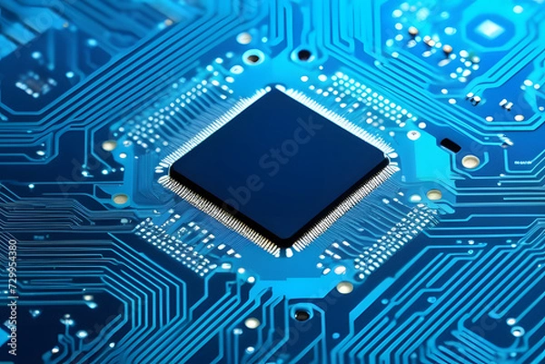 Fototapeta Blue Circuit Board with a Black Square Microchip in the Center and Copper Traces All Over